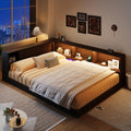 MERITLINE Queen Size Corner Bed Frame with Storage Bookcase & Shelves, Wood L-Shaped Daybed with LED Lights, USB Ports and Headboard, No Slats, Brown