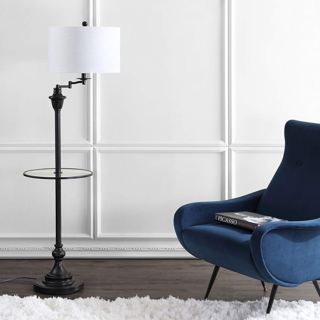 JONATHAN Y 60' Oil Rubbed Bronze Floor Lamp with Integrated Glass Side Table, Modern Swing Arm Standing Lamp for Living Room, White Linen Shade, LED Bulb Included (JYL3055C)