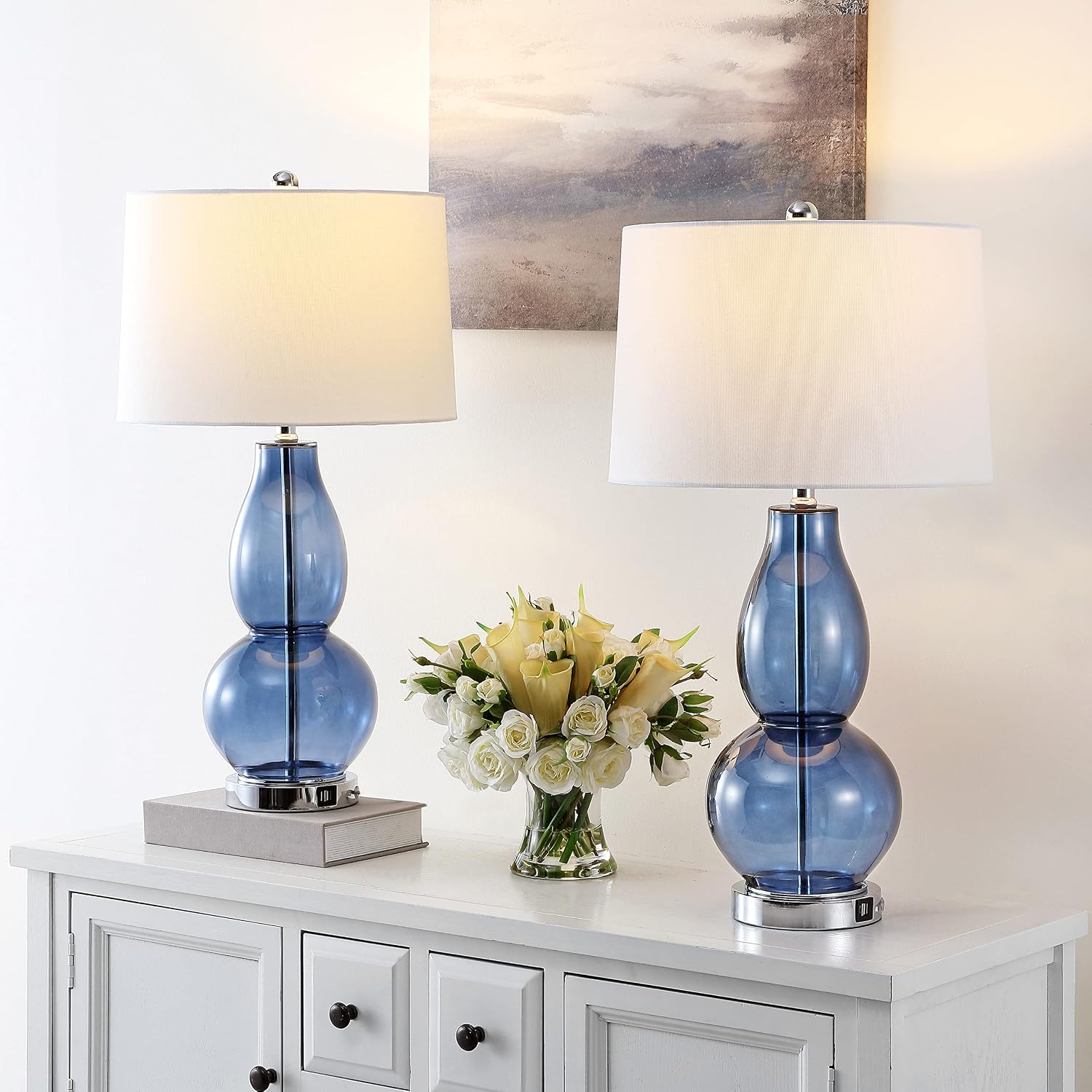 SAFAVIEH Lighting Collection Mercurio Blue Glass Double Gourd 28-inch Table Lamp Set of 2 with USB Charging Port (LED Bulbs Included)