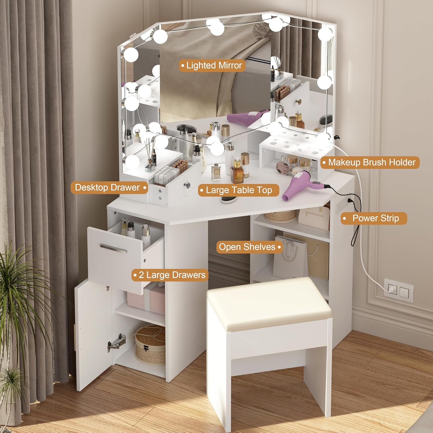 Corner Vanity Desk with Mirror & Lights, Makeup Table Set with Lighted Mirror, 3 Adjustable Lighting Colors, Cushioned Stool, 5 Drawers & Shelves, Bedroom Dressing Table for Women, Black