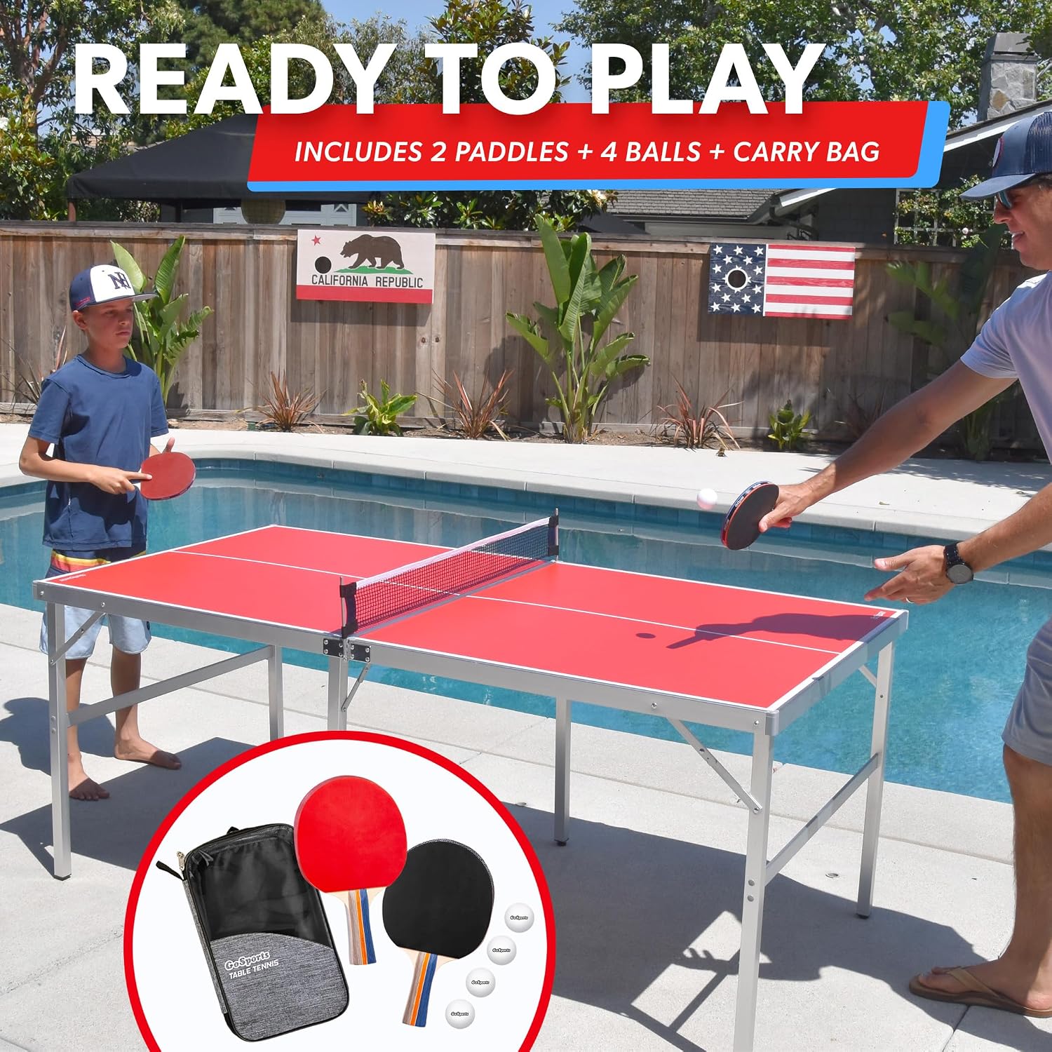 GoSports Mid-Size Table Tennis Game Set - Red or Blue - Indoor/Outdoor Portable Table Tennis Game with Net, 2 Table Tennis Paddles and 4 Balls