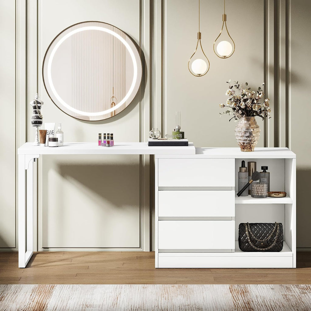Tribesigns Vanity Desk with 3 Drawers and 2 Shelves, Small Makeup Table with Reversible Adjustable Storage Cabinet, Modern Corner Dressing Table for Bedroom, Makeup Room (Without Mirror) (Matte White)