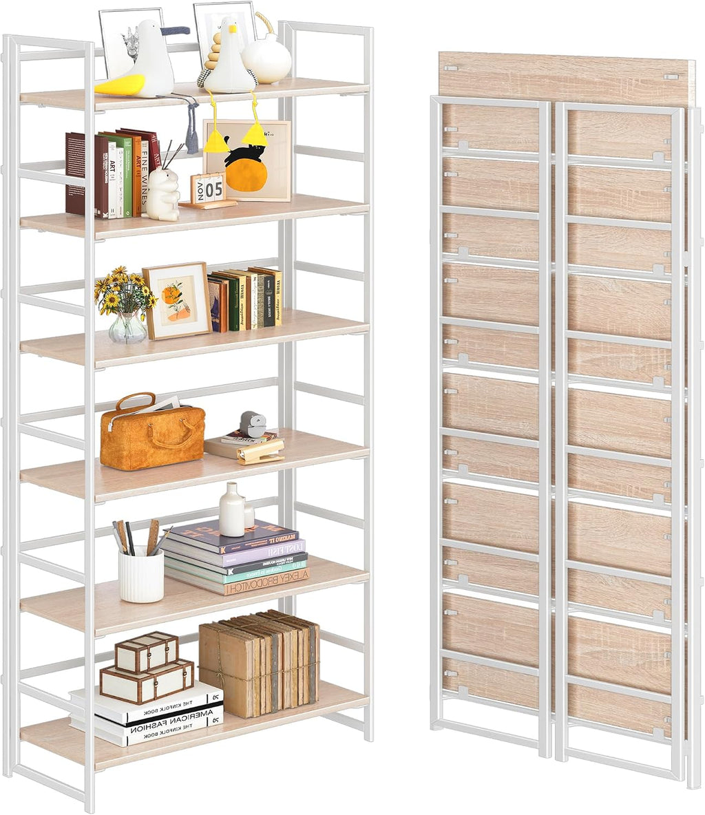 4NM No Assembly 6 Tier Collapsible Book Shelves, 61.8' H x 23.6' W Folding Bookshelf Bookcase Open Industrial Foldable Shelf for Bedroom, Living Room, Home Office - Natural White