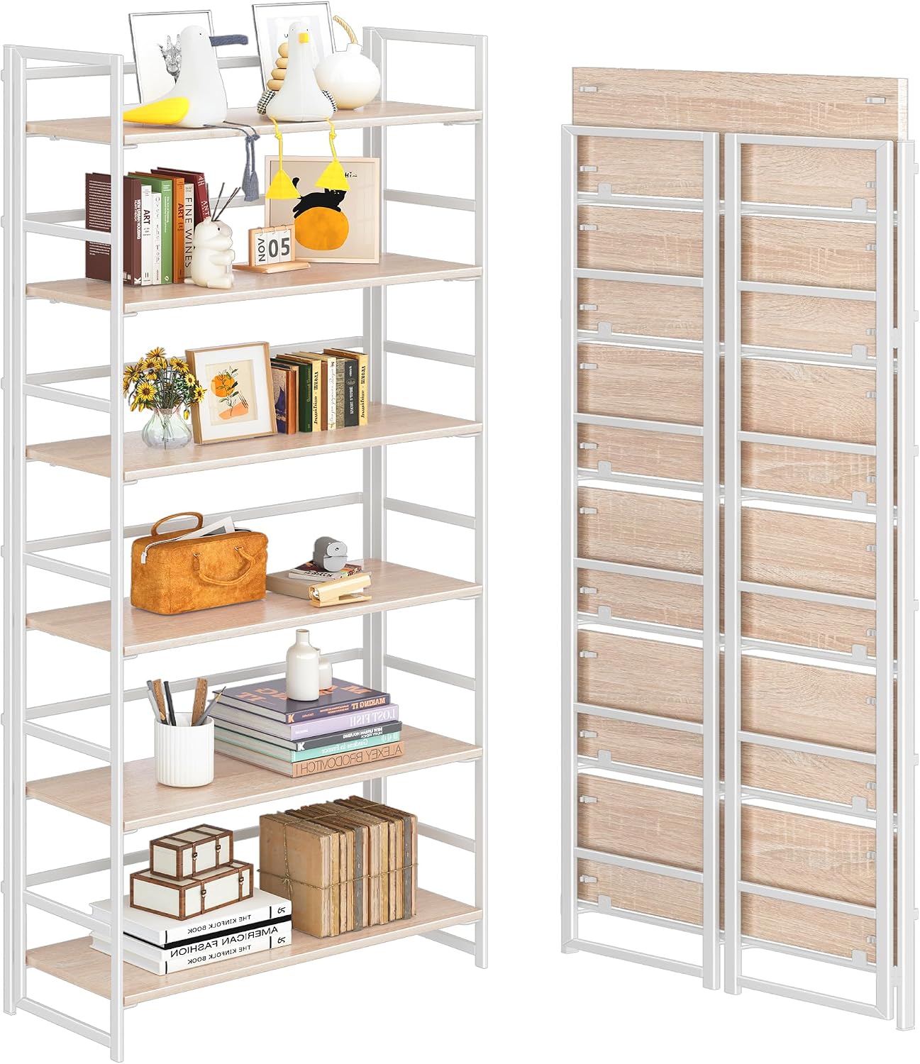 4NM No Assembly 6 Tier Collapsible Book Shelves, 61.8' H x 23.6' W Folding Bookshelf Bookcase Open Industrial Foldable Shelf for Bedroom, Living Room, Home Office - Natural White
