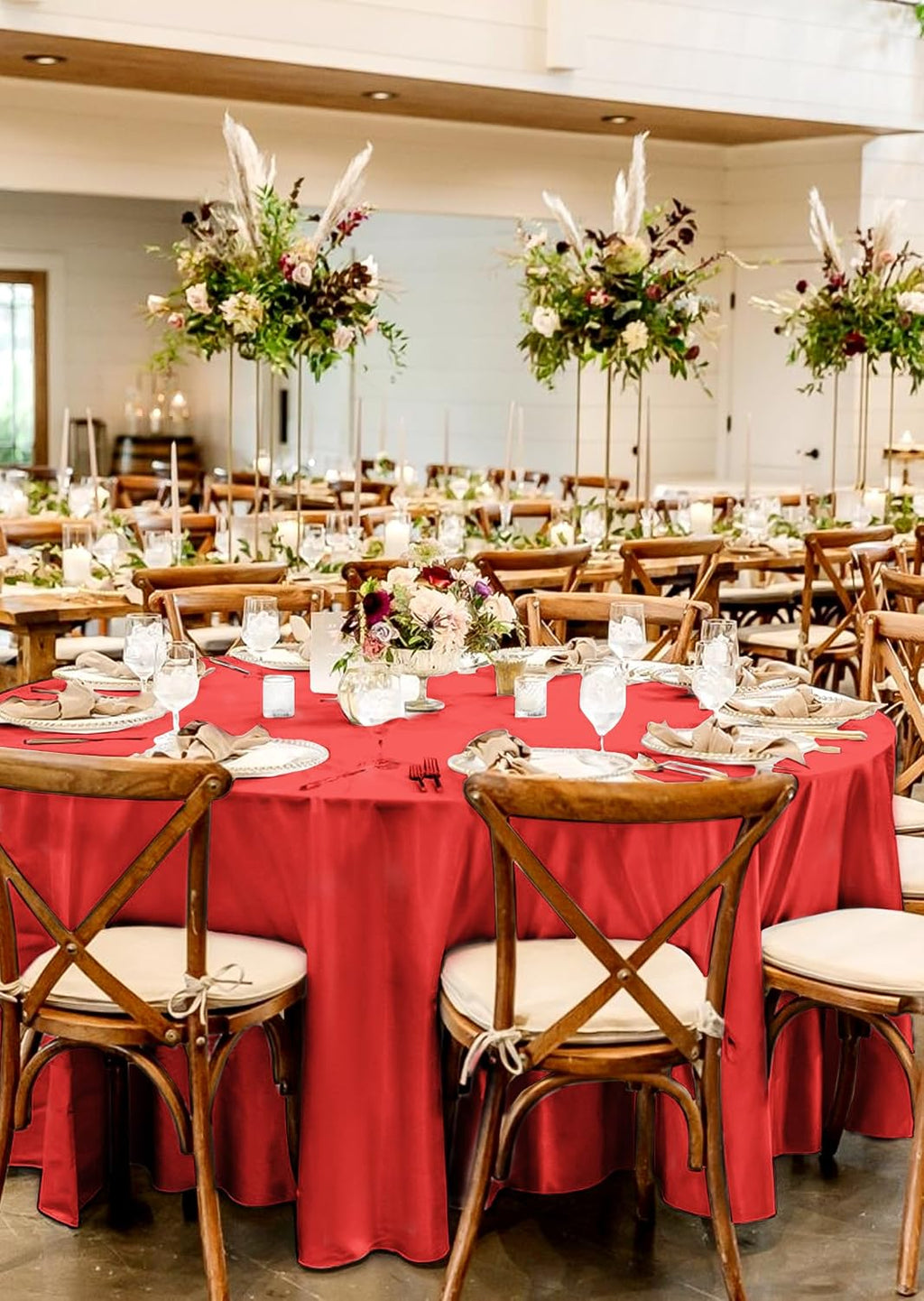 12 Pack 120 Inch Round Tablecloth, Red Satin Fabric Table Cloth for Round Tables, Wrinkle Resistant Washable TableCover Bright Silk Table Clothes for Wedding Party Dining Tables Banquet