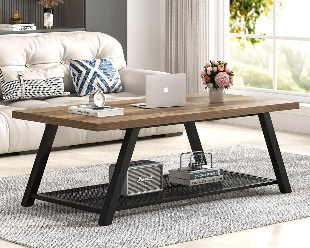 FOLUBAN Coffee Table with Storage, Modern Rustic Wood and Metal Coffee Tables for Living Room, Industrial 2-Tier Center Tea Cocktail Table, Oak, 47 Inch