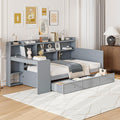 Twin Size Daybed Frame with Desk and 3 Storage Drawers & USB Port Shelves Headboard, Pinewood Corner Bed, Twin Captain Bed for Small Room, Bedroom, Guest Room,Gray