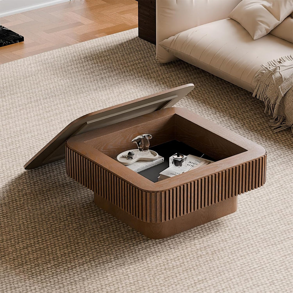 Square Coffee Table for Living Room,Fluted Drum Accent Tea Center Table with Storage,Solid Wood Modern Coffee Tables for Small Space Office Apartment (31.5' L×31.5''W×14''H-Walnut)