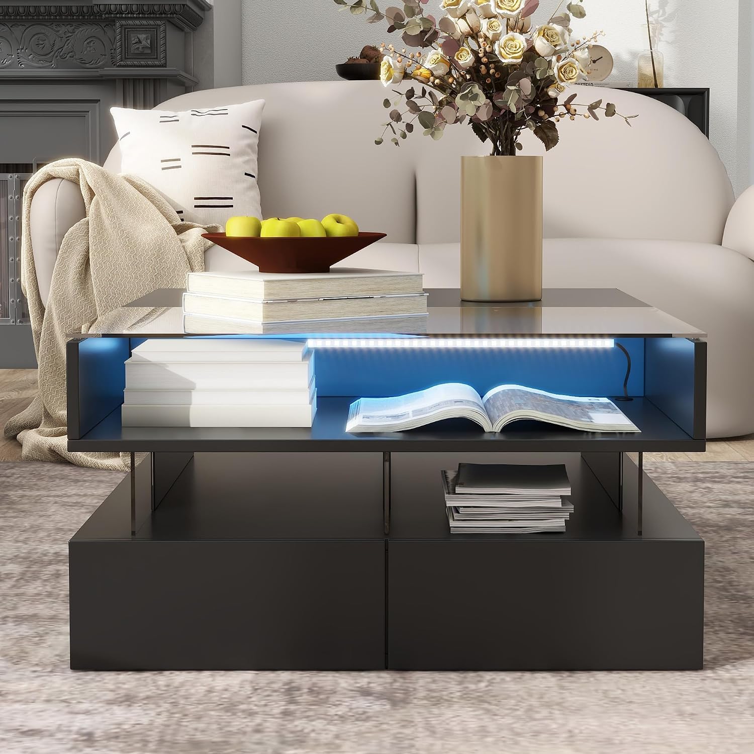 High Gloss LED Square Coffee Table 29.5-Inch Modern Lift-Top Center Cocktail Table with Storage & Glass Top for Living Room, Black