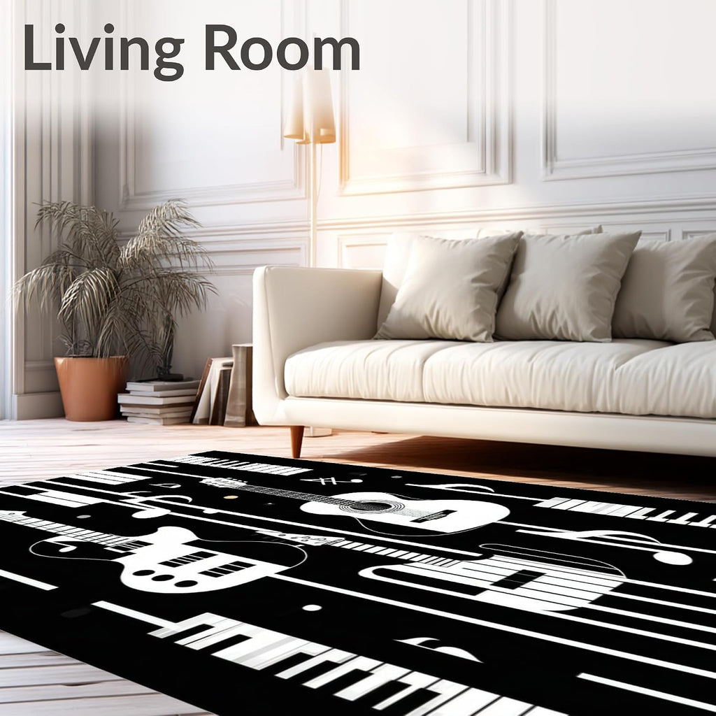Flatwoven High Traffic Area Rug 4x6, Acoustic Guitar and Piano Keys for Music Lovers, Non Slip, Stain Resistant, Washable Area Rugs for Living Room, Bedroom (Black, 4x6, Pad)