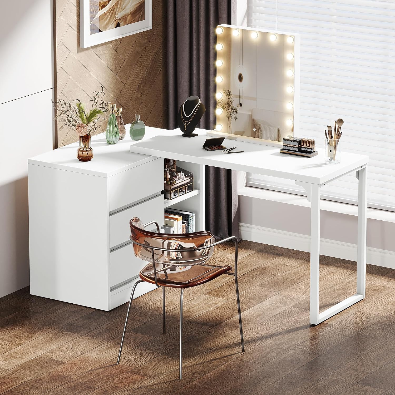 Tribesigns Vanity Desk with 3 Drawers and 2 Shelves, Small Makeup Table with Reversible Adjustable Storage Cabinet, Modern Corner Dressing Table for Bedroom, Makeup Room (Without Mirror) (Matte White)