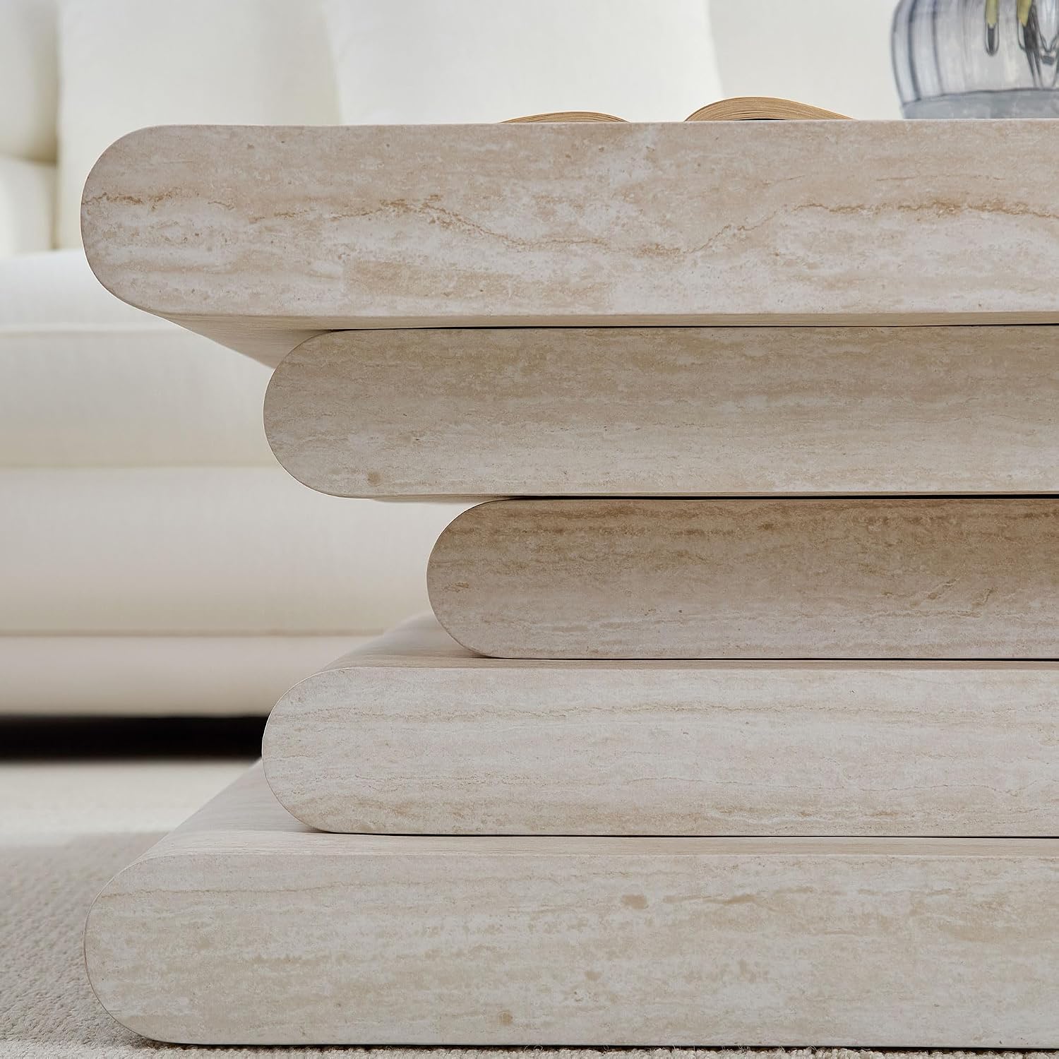KEIKI 34' Faux Travertine Pattern Square MDF Coffee Table with Layered Base, Modern Style Irregular Coffee Table, No Assembly Required, for Apartment, Living Room, Bedroom, Reception Room, Beige