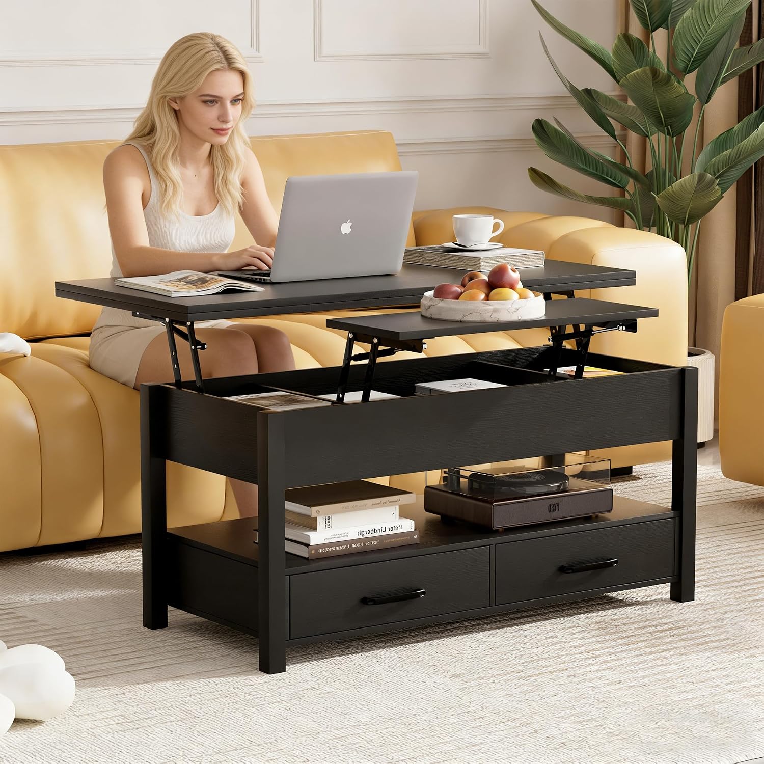 SYESWAY 42'' Lift Top Coffee Table, 4-in-1 Multifunctional Lift Coffee Table with Storage & Hidden Compartments, Farmhouse Coffe Table with Lifting top for Living Room, Dining Reception Room, Black