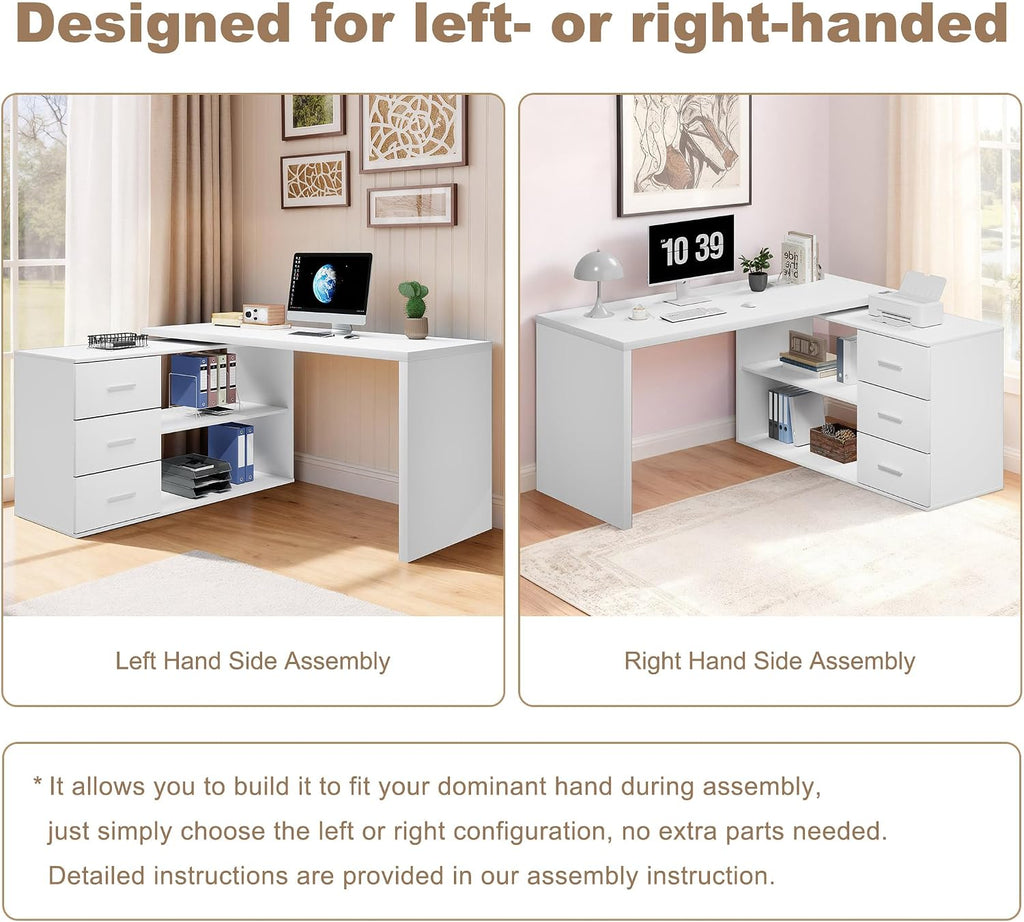 HSH L Shaped Office Desk with Drawers Shelves 55-76 Inch, Corner Computer Desk with Storage 360 Rotating Long for Work, Executive, Study, Writing, Teacher, Bedroom Modern Gaming Table White