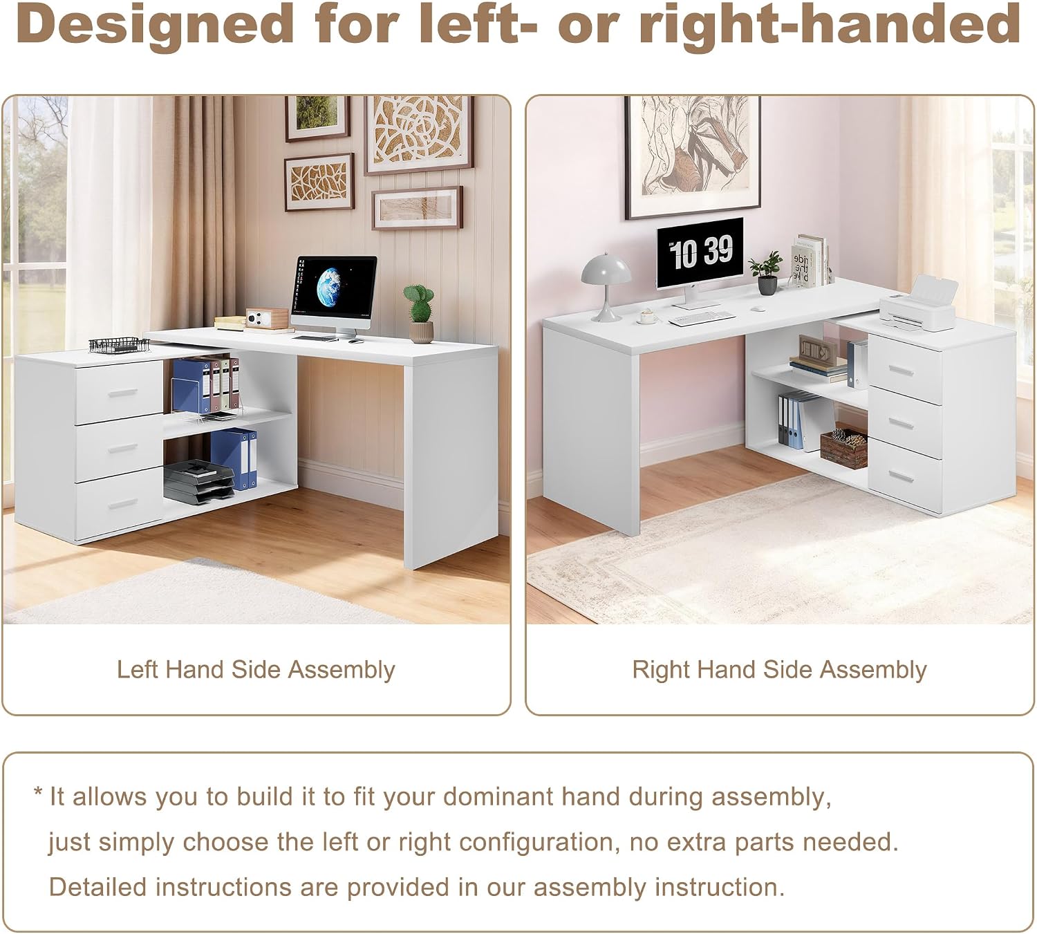 HSH L Shaped Office Desk with Drawers Shelves 55-76 Inch, Corner Computer Desk with Storage 360 Rotating Long for Work, Executive, Study, Writing, Teacher, Bedroom Modern Gaming Table White