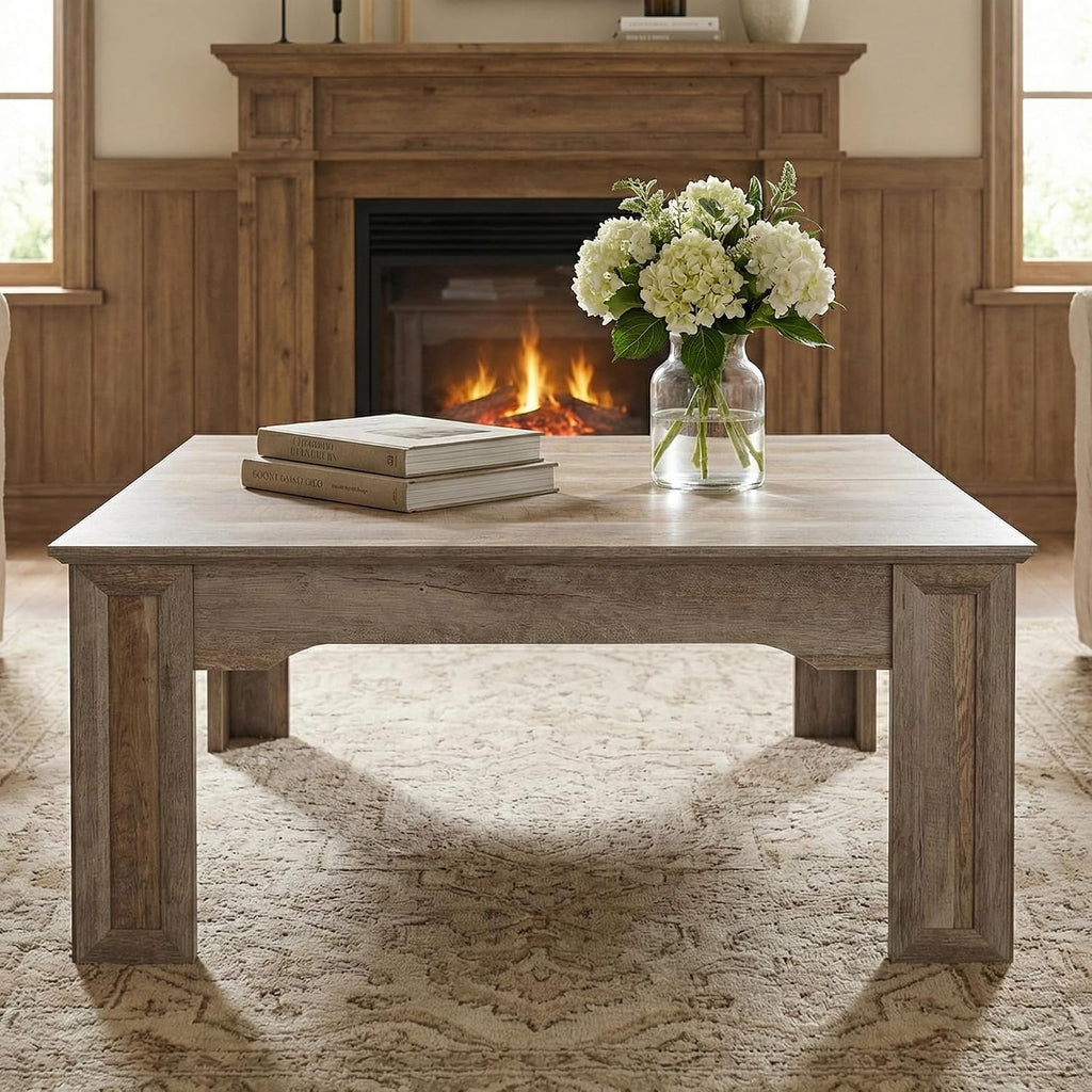 Square Coffee Table for Living Room, 39.4'' Farmhouse Wood Grain Finish Coffee Table with Carved Legs, Rustic Simple Style Center Table, Easy Assembly, Grey Wood