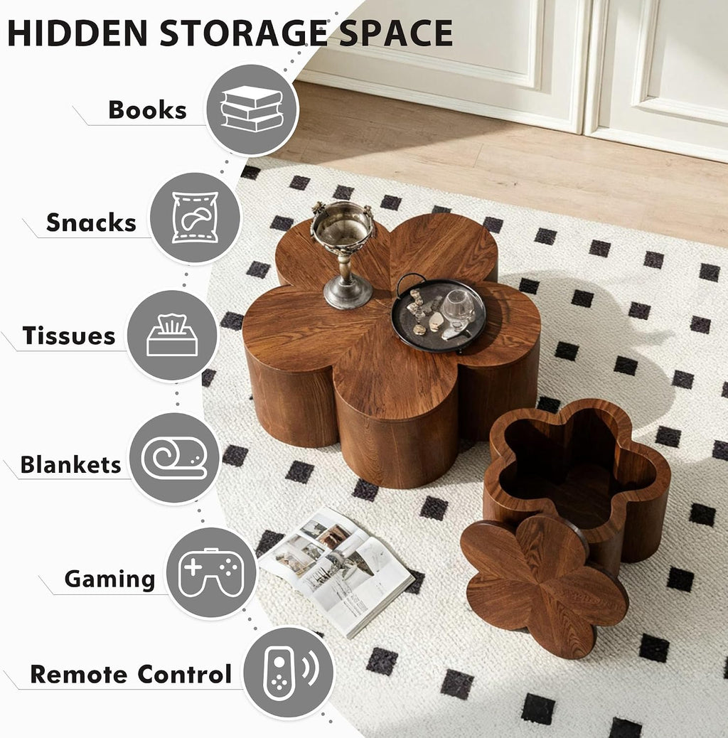 Nesting Tables for Living Room with Storage, Retro Nesting Coffee Table Set of 2, Petal Walnut Solid Wood Coffee Tables Mid Century Modern Center End Side Table Sets for Farmhouse Apartment Office