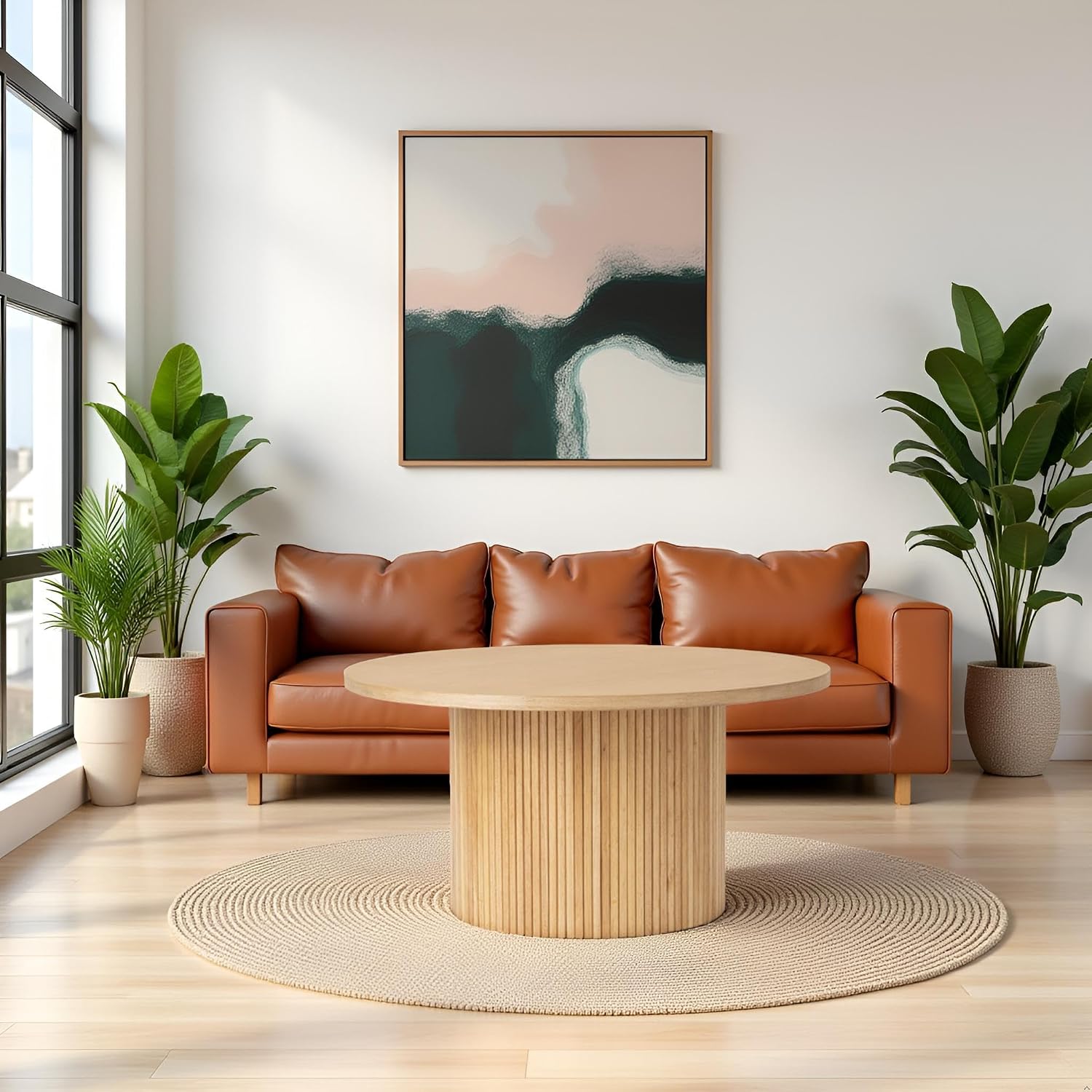 Large Round Wood Coffee Table, Mid Century Modern, Drum Shape, 35.5' Diameter, for Living Room, Natural Solid Wooden