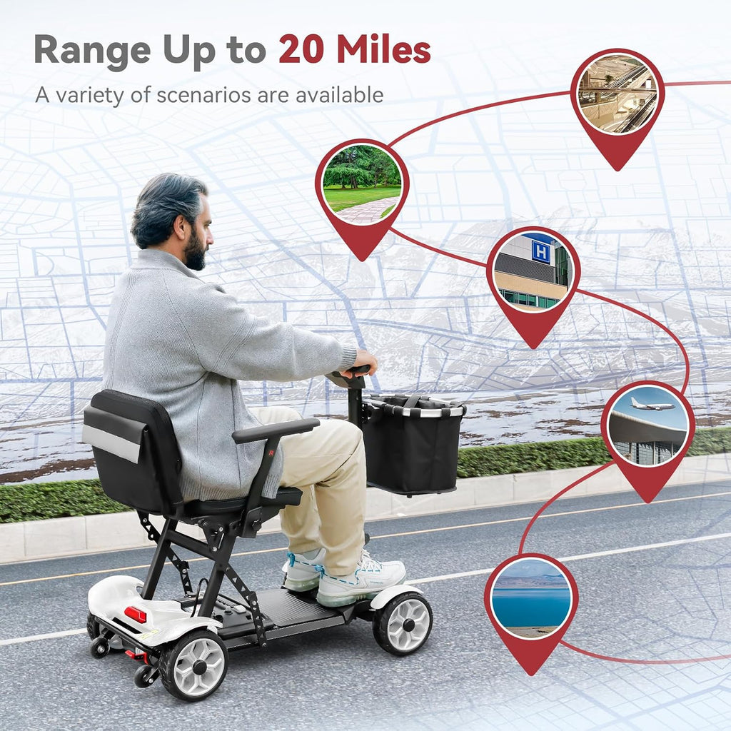20 Miles Range Lightweight Mobility Scooter for Adults & Seniors - 47lbs Foldable 4 Wheel Travel Electric Scooter with Removable Battery, LED Lights - 300lb Capacity (White)