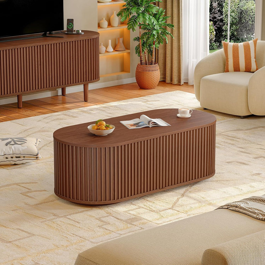 ONBRILL 47' Multi-Functional Coffee Table with Storage, Oval Coffee Table with Vertical Striped Sliding Door & Round Base, Mid-Century Modern Center Table with Adjustable Shelf for Living Room, Walnut
