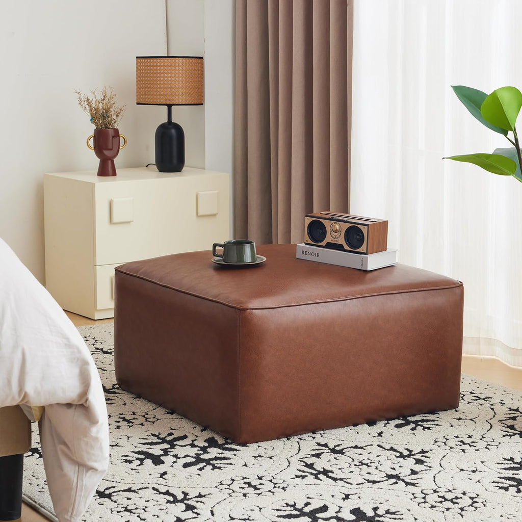 Christopher Knight Home Faux Leather Ottoman Footstool, Square Pouf Poufee Footrest Ottoman Large Seat, Modern Side Table for Living Room Bedroom Home Decor Gifts, Light Brown 30'