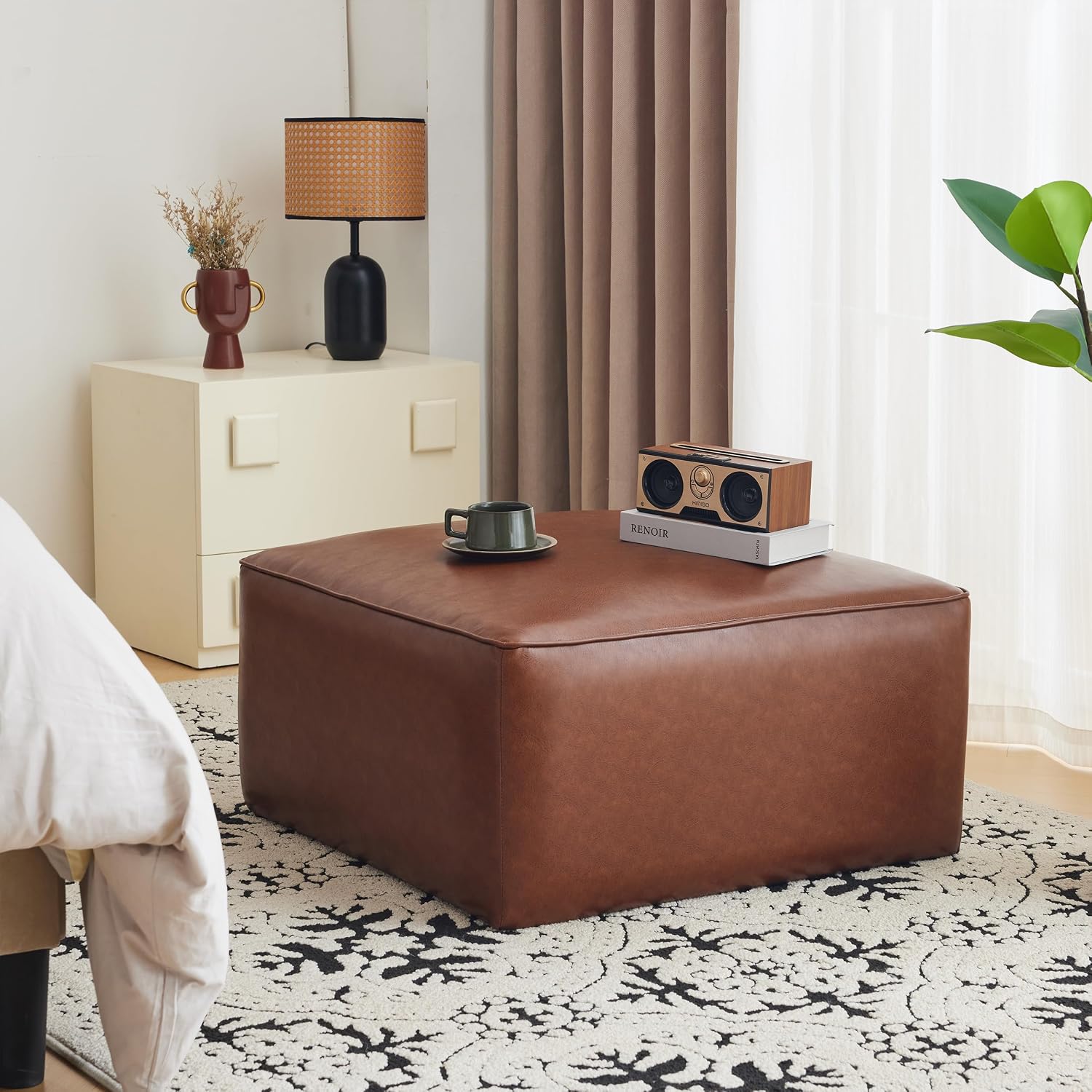 Christopher Knight Home Faux Leather Ottoman Footstool, Square Pouf Poufee Footrest Ottoman Large Seat, Modern Side Table for Living Room Bedroom Home Decor Gifts, Light Brown 30'