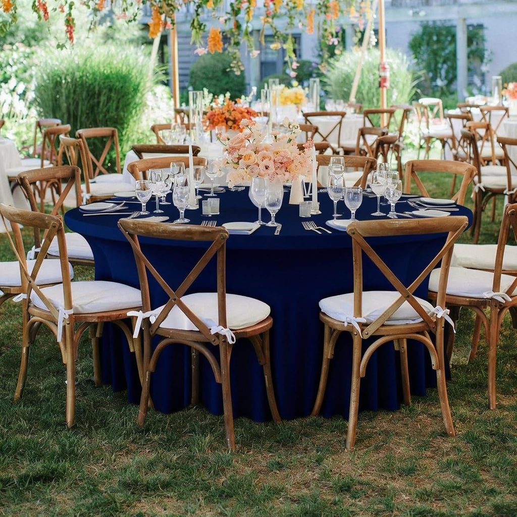 WJWHQ 10 Pack Navy Blue Round Spandex Tablecloths for 60in Tables, 120Inch Stretchy Fitted 5FT Round Table Clothes,Wrinkle Free Table Cover with Skirt for Wedding Party Dining Banquet