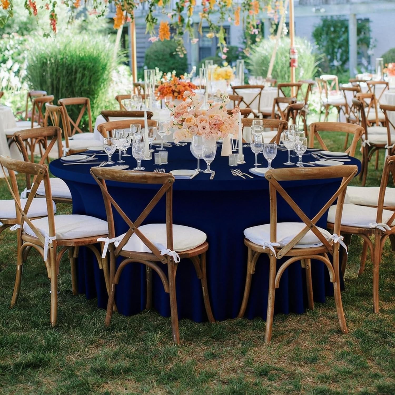 WJWHQ 10 Pack Navy Blue Round Spandex Tablecloths for 60in Tables, 120Inch Stretchy Fitted 5FT Round Table Clothes,Wrinkle Free Table Cover with Skirt for Wedding Party Dining Banquet