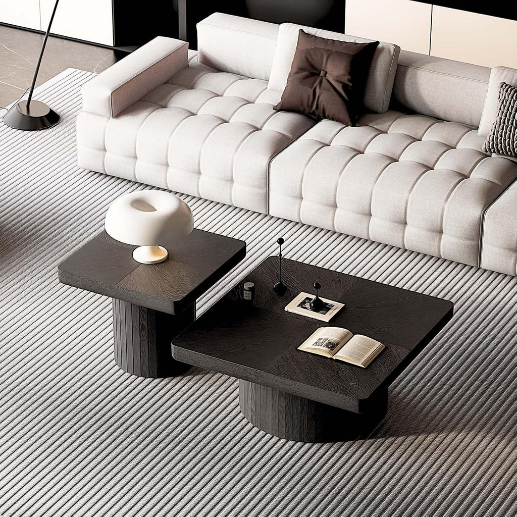 Modern Square Nesting Coffee Table Set, 2-Piece Coffee Tables with Cylindrical & Fluted Pedestal, Minimalist Center Table & Side Table for Wabi-Sabi Decor for Living Room Apartment, Black