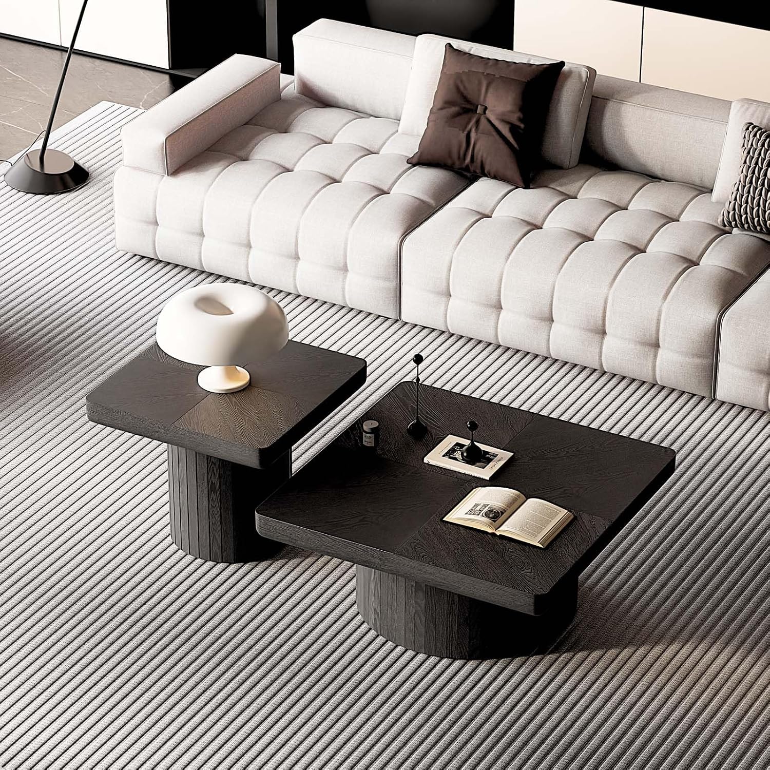 Modern Square Nesting Coffee Table Set, 2-Piece Coffee Tables with Cylindrical & Fluted Pedestal, Minimalist Center Table & Side Table for Wabi-Sabi Decor for Living Room Apartment, Black