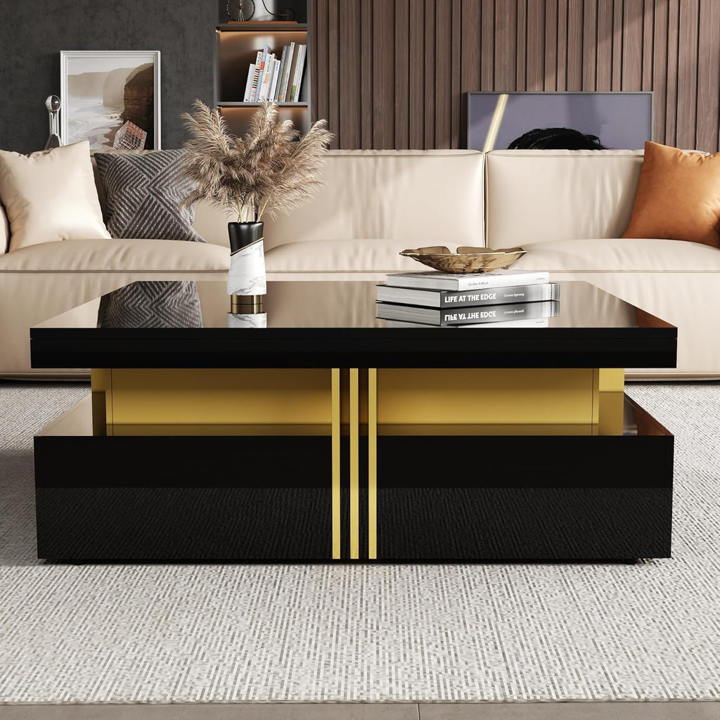 Merax 43.3' Modern Glossy Square Storage Coffee Table with 4 Drawers, Gold Accents, Functional Center Tables for Living Room Apartment, Glossy Black