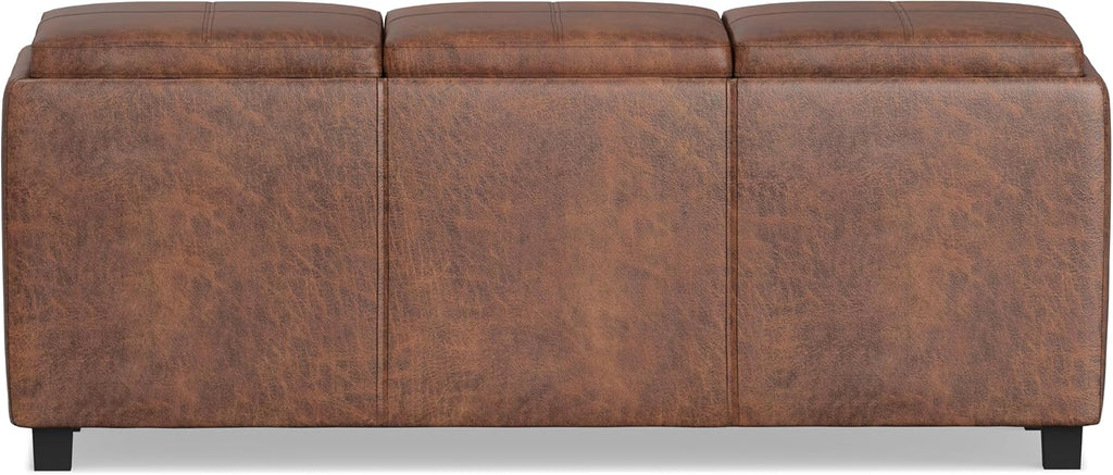 SIMPLIHOME Avalon Storage Ottoman - 42 inch Wide Upholstered Vegan Leather Rectangular Flip-Top Ottoman in Distressed Saddle Brown, Contemporary Coffee Table Ottoman for Living Room with Storage