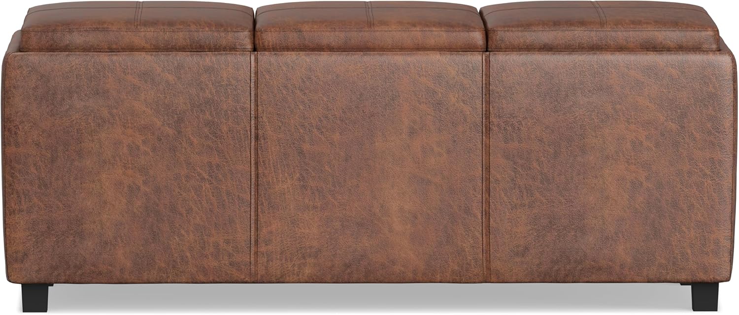 SIMPLIHOME Avalon Storage Ottoman - 42 inch Wide Upholstered Vegan Leather Rectangular Flip-Top Ottoman in Distressed Saddle Brown, Contemporary Coffee Table Ottoman for Living Room with Storage