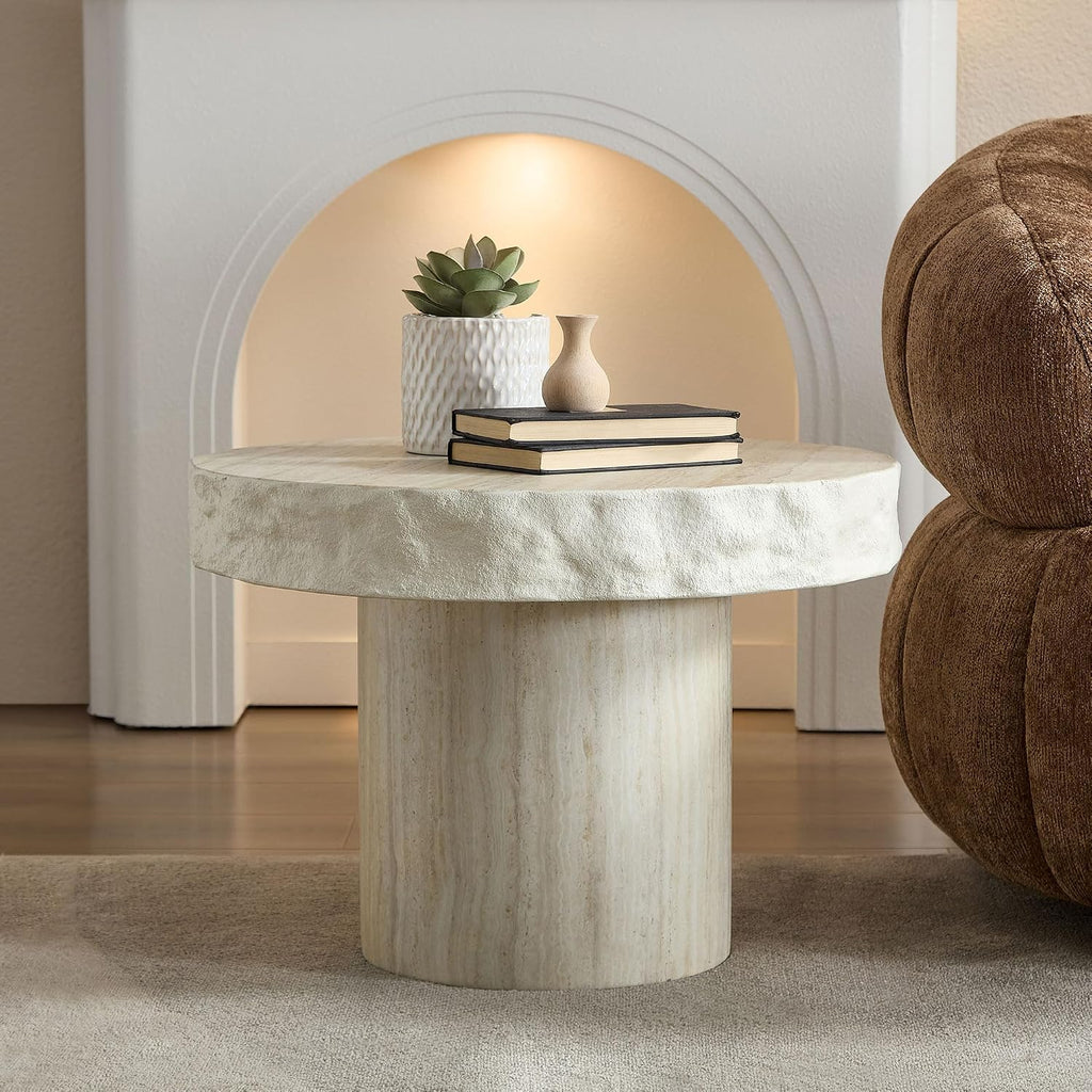 23.82 inch Small Side Table for Living Room, Round Pedestal Coffee Table Modern Center End Table for Small Space Apartment, Office, Indoor Outdoor Marble Fiber Concrete Stone Beige