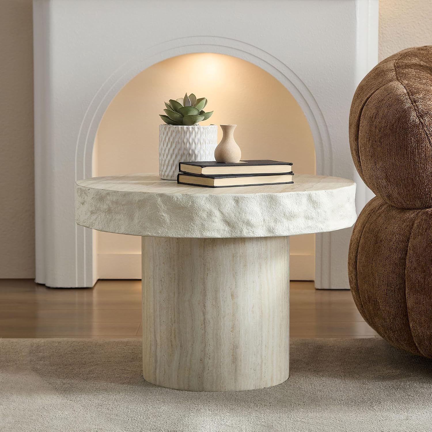 23.82 inch Small Side Table for Living Room, Round Pedestal Coffee Table Modern Center End Table for Small Space Apartment, Office, Indoor Outdoor Marble Fiber Concrete Stone Beige