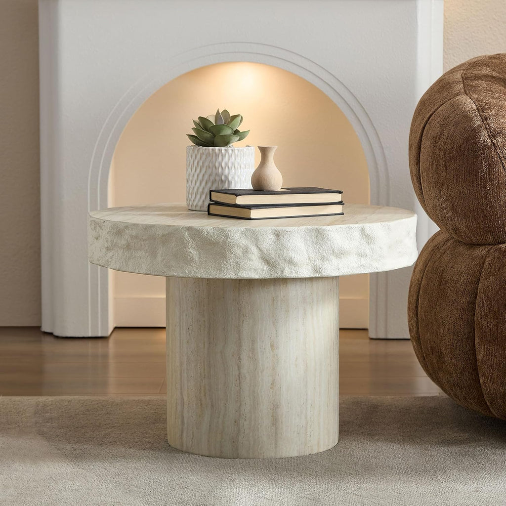 WILLIAMSPACE 23.82' Round Coffee Table with Faux Mars Pattern for Living Room, Modern Fiberglass Circle Travertine Center Table with Base, Faux Stone Tea Table for Apartment, No Need Assembly (Beige)