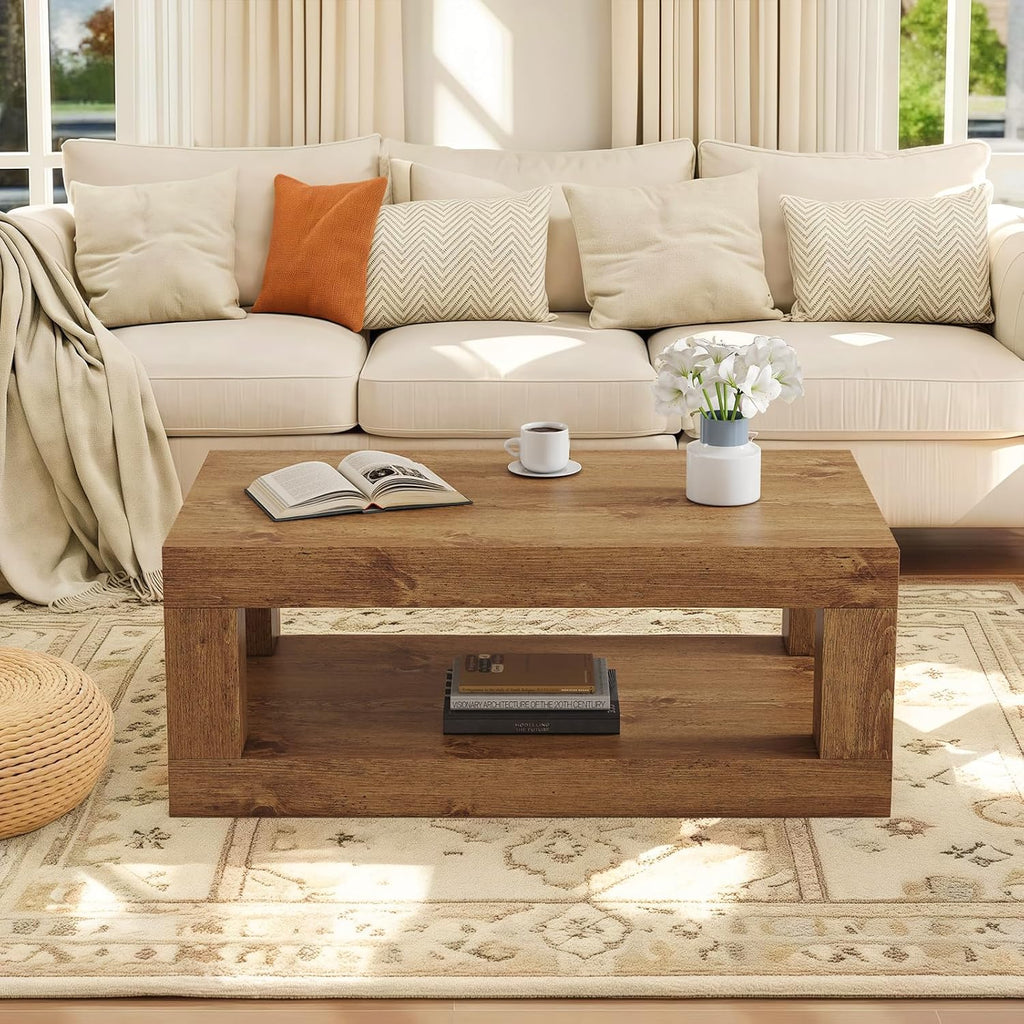 LKTART 39.37' Coffee Table with Storage, 2-Tier Mid Century Rectangular Accent Table with Thick Tabletop, Rustic Style Cocktail, Center Table for Living Room, Office, Apartment (Natural Wood)
