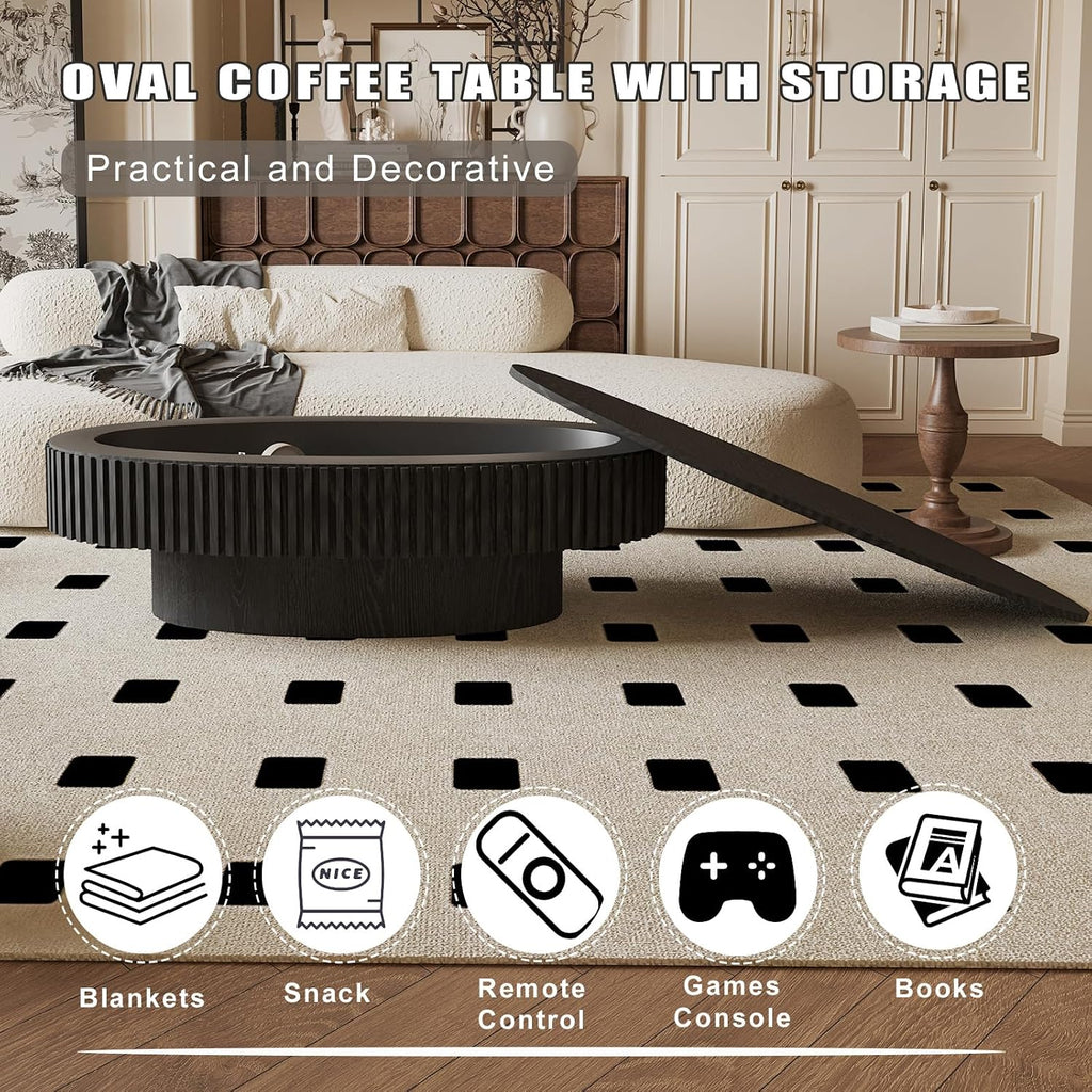 Oval Coffee Table with Storage, Modern Black Coffee Table with Solid Wood Veneered, Fluted Center Table Wood Drum Tea Table for Living Room Apartment, 47.2''L×23.6''W×14.2''H