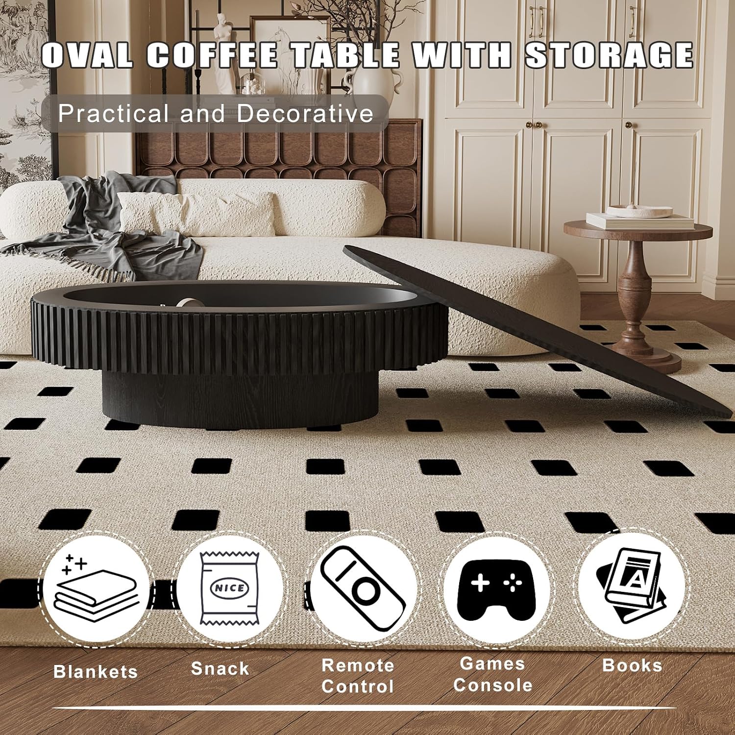 Oval Coffee Table with Storage, Modern Black Coffee Table with Solid Wood Veneered, Fluted Center Table Wood Drum Tea Table for Living Room Apartment, 47.2''L×23.6''W×14.2''H