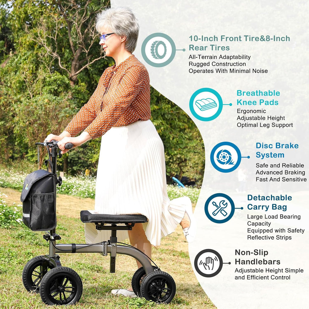 Foldable All Terrain Knee Scooter for Adults Foot Surgery Adjustable Height | 300lb Capacity, 21lb Lightweight, 10' Front & 8' Rear Wheel, Dual Brake, for Foot Injuries Compact Crutch Alternative, Grey