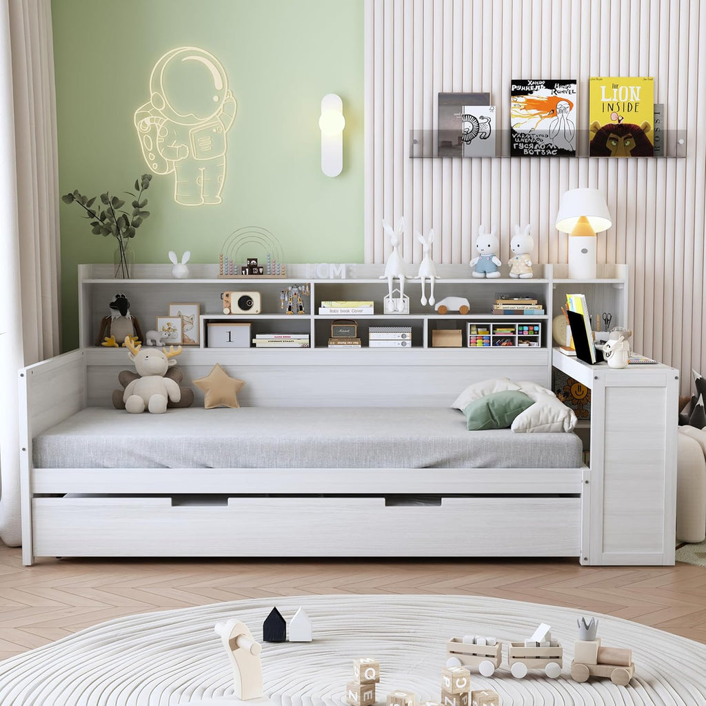 Bellemave Twin Corner Bed Frame with Storage Shelves and Desk, Wood Twin Size Daybed with Bookcase and Trundle, Antique White