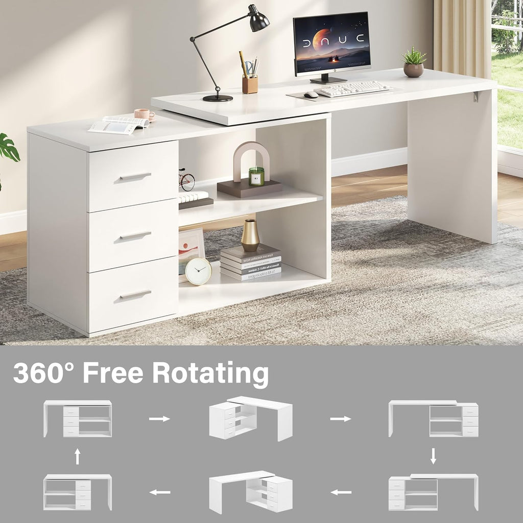 HSH L Shaped Office Desk with Drawers Shelves 55-76 Inch, Corner Computer Desk with Storage 360 Rotating Long for Work, Executive, Study, Writing, Teacher, Bedroom Modern Gaming Table White