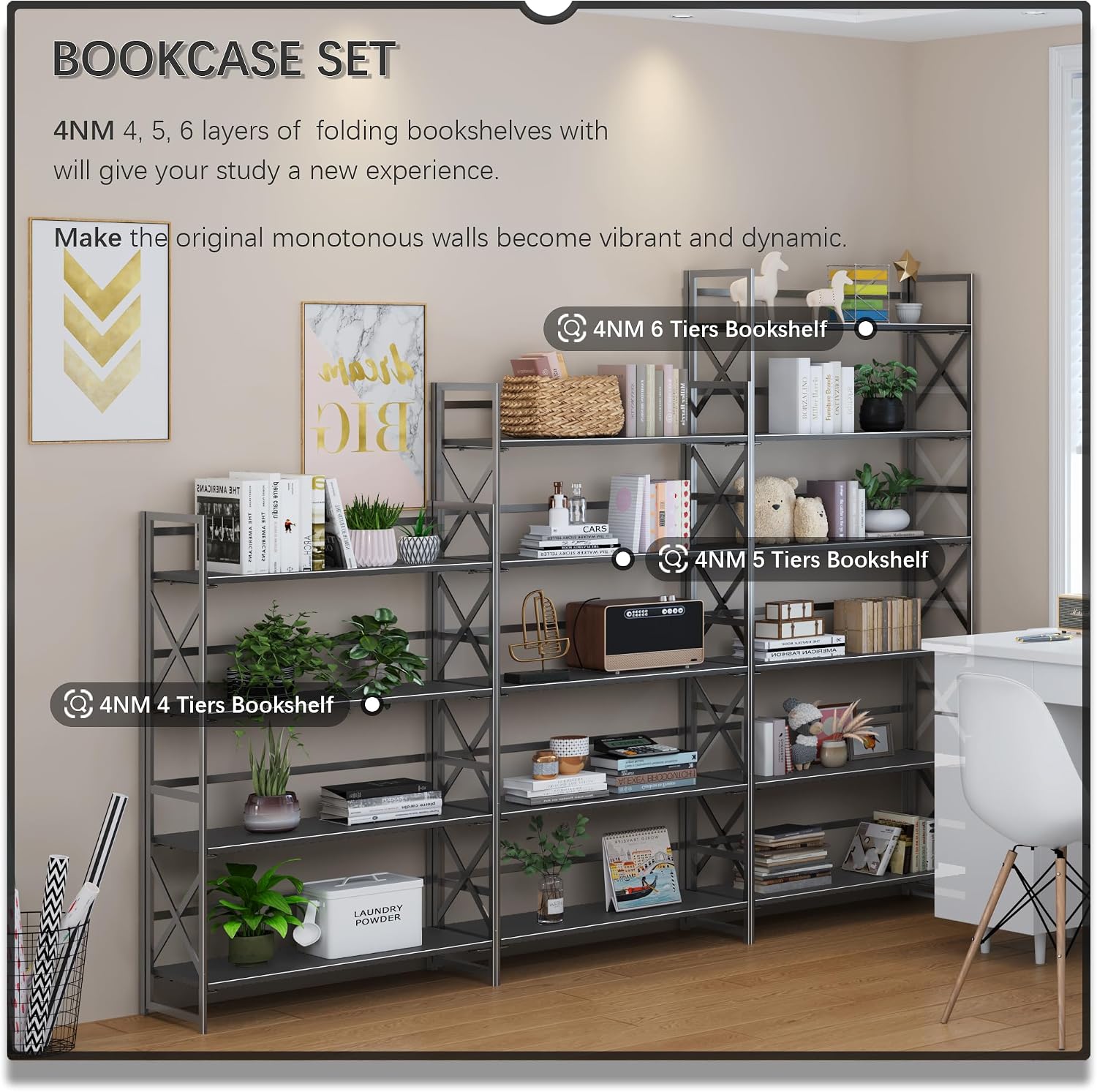 4NM Extra Wide 6 Tiers No Assembly Book Shelves, 61.8' H Folding Bookshelf Bookcase Open Industrial Foldable Shelves for Bedroom, Living Room, Home Office - All Black