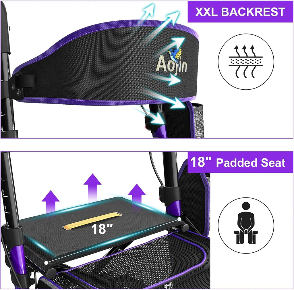 Walkers for Seniors, Rollator Walker with Seat, 350 lb Weight Capacity, 18' Big Seat, 8' All-Terrain Wheels, 6-Level Adjustable Height, Lightweight Aluminum Frame Rollator Walkers for Seniors (Purple)
