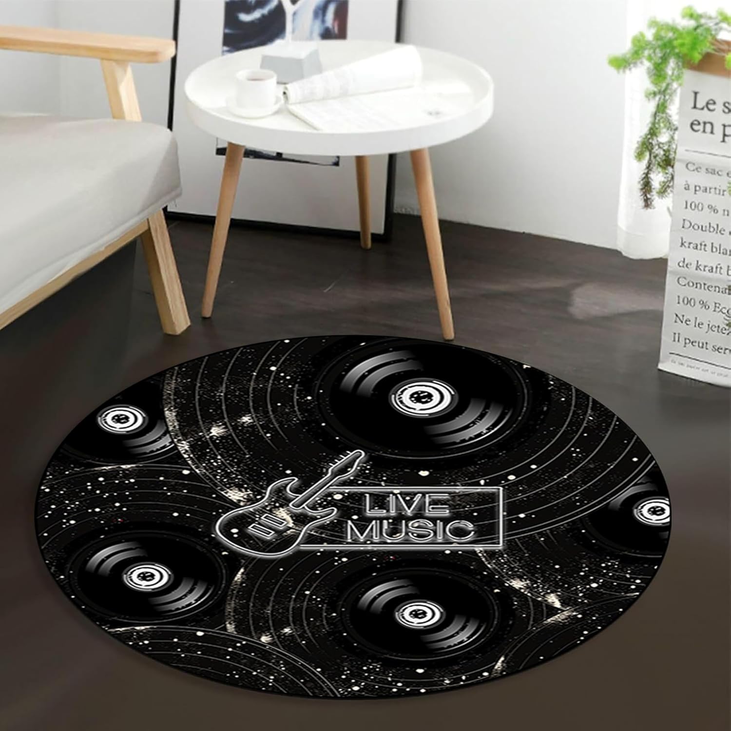 Vintage Music Vinyl Records Rug, 7ft, Non-Slip, Black and White, for Musical and Living Room