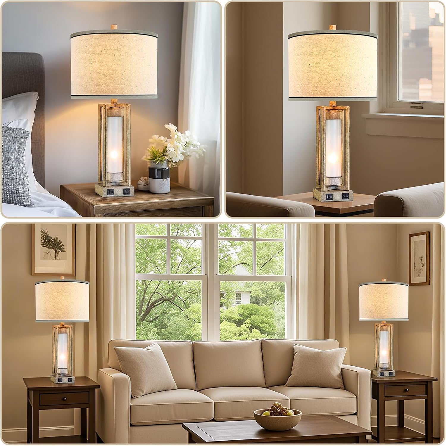 25' Set of 2 Farmhouse Table Lamps for Living Room with USB A+C Ports, Rustic Nightstand Lamp with White Night Light, Vintage Desk Lamp for Entryway Bedroom End Table, 4 Bulbs Included