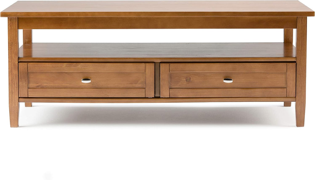 SIMPLIHOME Warm Shaker Coffee Table - 48 inch Wide Solid Wood Coffee Table in Light Golden Brown, Transitional Living Room Table with 2 Drawers, Open Shelf, Shaker Fronts and Tapered Legs