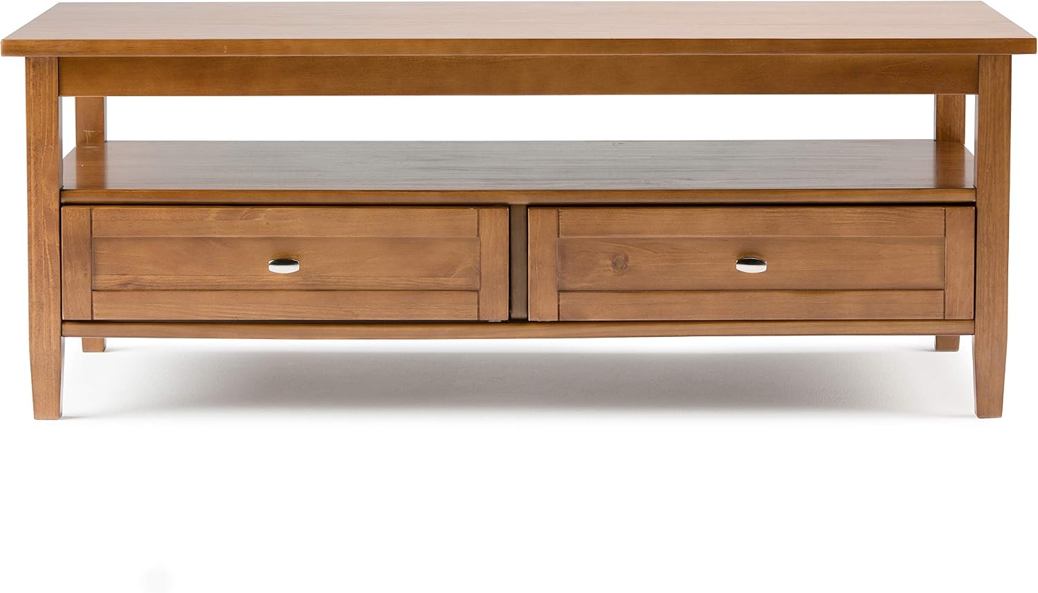 SIMPLIHOME Warm Shaker Coffee Table - 48 inch Wide Solid Wood Coffee Table in Light Golden Brown, Transitional Living Room Table with 2 Drawers, Open Shelf, Shaker Fronts and Tapered Legs