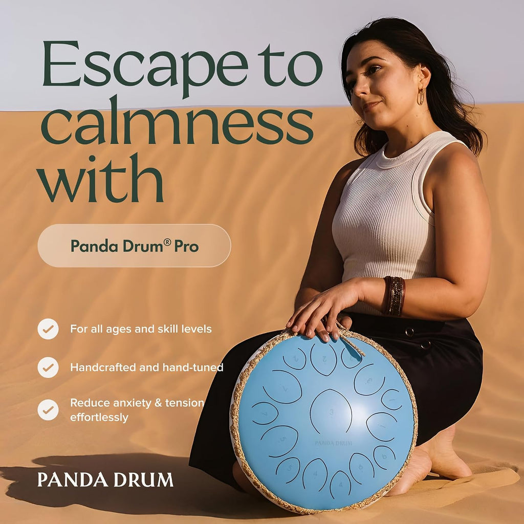 Panda Drum Pro (Blue) | Steel Tongue Handpan with Music Book, Mallets, Carrying Bag & Finger Picks | 15 inch, 432 Hz | Rain Drum for Inside & Outside | Calming Musical Instrument for Adults & Kids