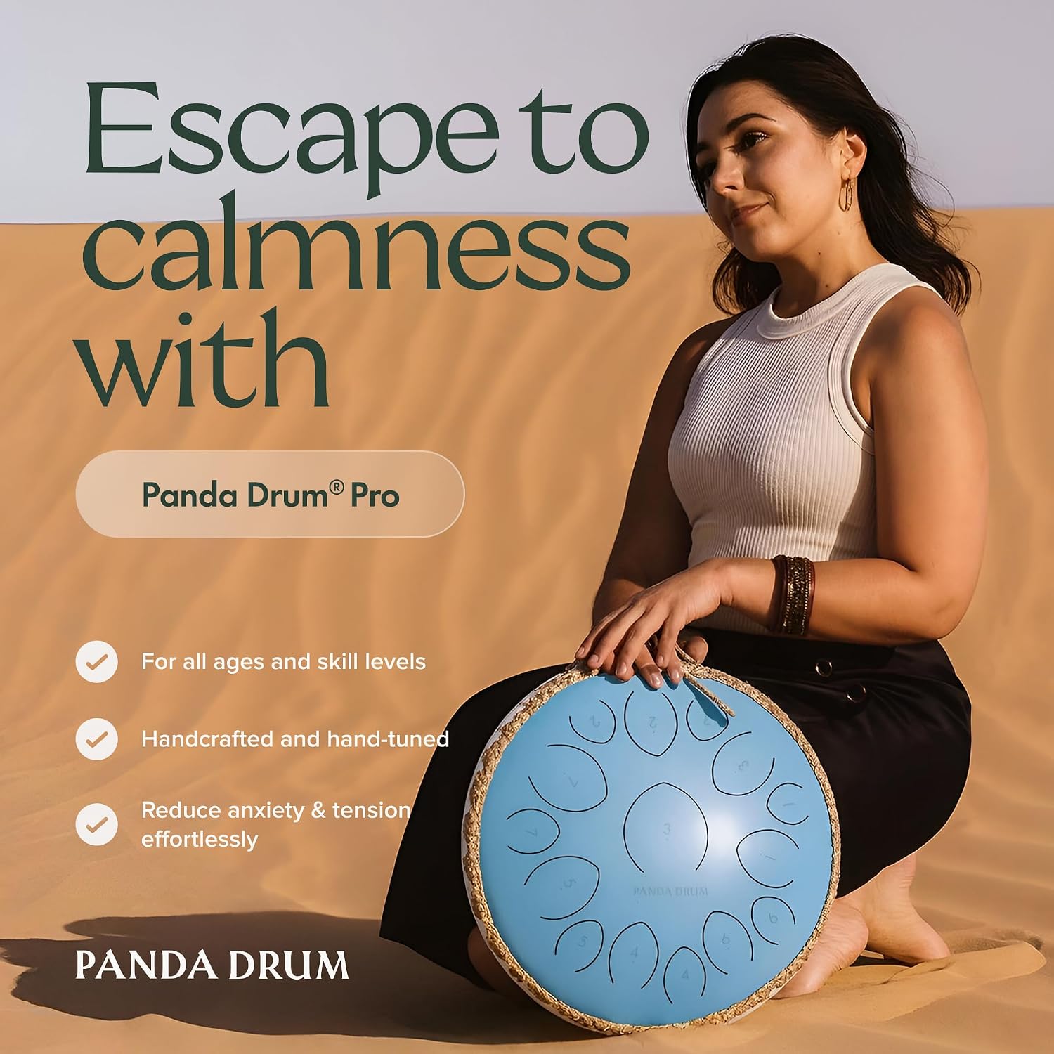 Panda Drum Pro (Blue) | Steel Tongue Handpan with Music Book, Mallets, Carrying Bag & Finger Picks | 15 inch, 432 Hz | Rain Drum for Inside & Outside | Calming Musical Instrument for Adults & Kids